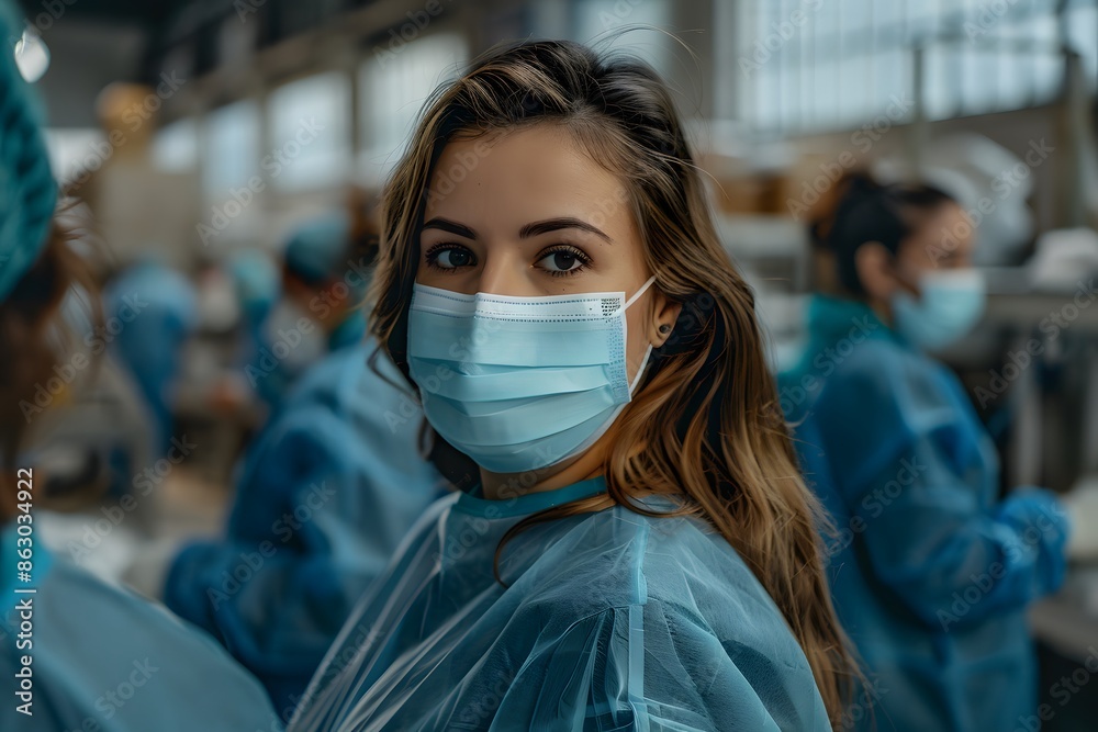 Healthcare Worker in Protective Gear Amidst a Busy Medical Facility Healthcare Worker in Protective Gear Amidst a Busy Medical Facility