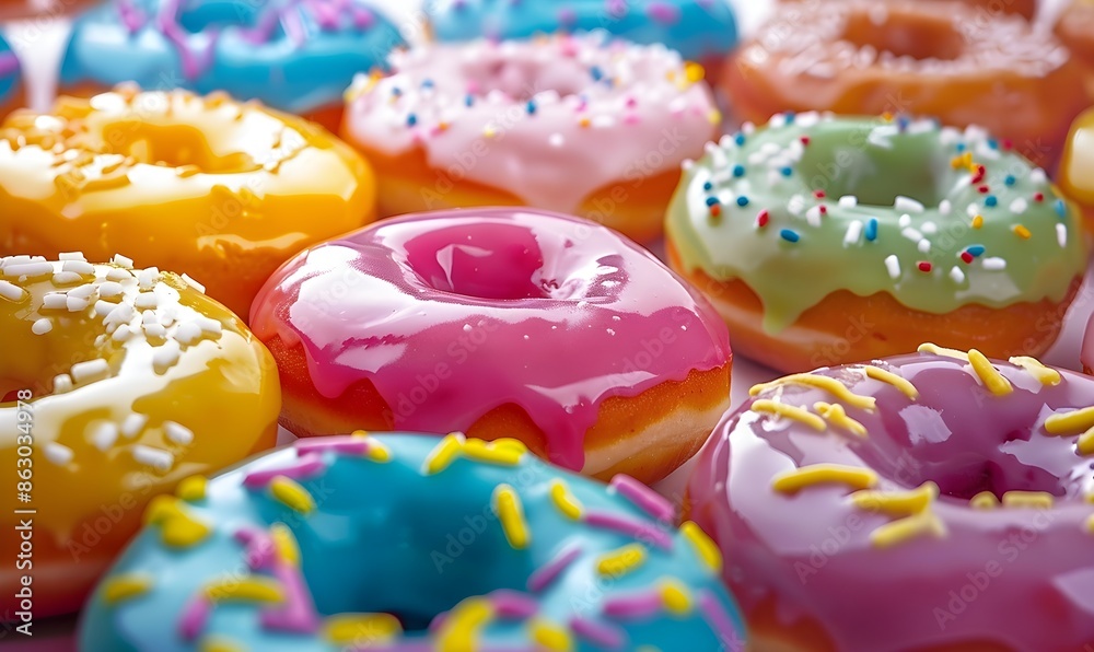 Colorful glossy donuts with icing and sprinkles, pink yellow blue green, close up shot, white background, banner, wallpaper, sweet dessert Colorful glossy donuts with icing and sprinkles, pink yellow blue green, close up shot, white background, banner, wallpaper, sweet dessert
