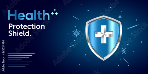 Health protection banner with shield, cross and bacteria cells flying on blue background. Anti virus and bacterial or germ defence, immune system protect medical poster, Realistic vector illustration