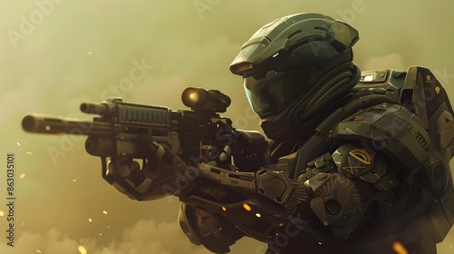 Sci-fi soldier in helmet, War, Gaming, Scene, in action, holding a gun pointing photo