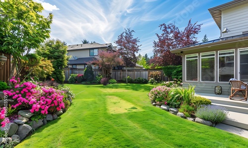 Gorgeous Backyard with Well-Kept Lawn, Colorful Flowerbed, and Healthy Shrubs Under the Warm Sunshine