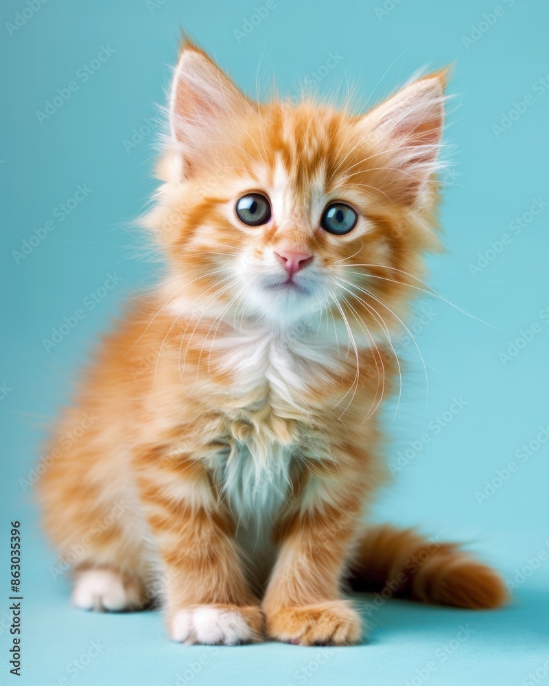 Fluffy Kitten. Cute British Cat Sitting on a Blue Background Fluffy Kitten. Cute British Cat Sitting on a Blue Background