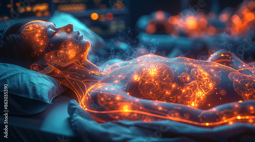 Lung health visualization Person sleep apnea glowing depiction of the airway showing obstruction during sleep