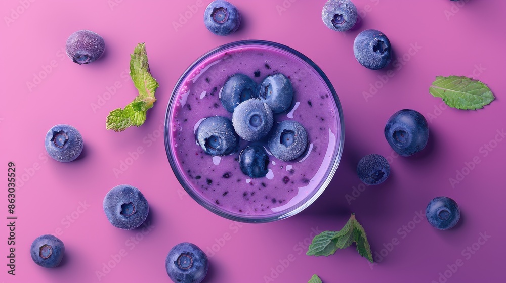 Smoothie - Blueberry Freshness in a Glass - Top View of Healthy Berry Delight Smoothie - Blueberry Freshness in a Glass - Top View of Healthy Berry Delight