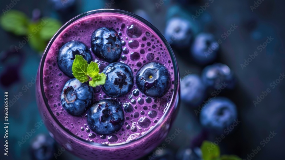 Smoothie Glass Top View with Fresh Blueberry. Healthy and Sweet Berry Fruit Drink Smoothie Glass Top View with Fresh Blueberry. Healthy and Sweet Berry Fruit Drink