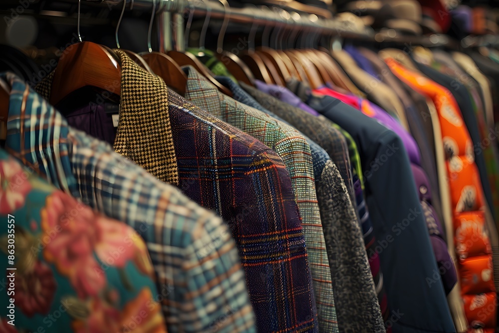 A Colorful Array of Patterned Jackets on Display in a Clothing Store A Colorful Array of Patterned Jackets on Display in a Clothing Store