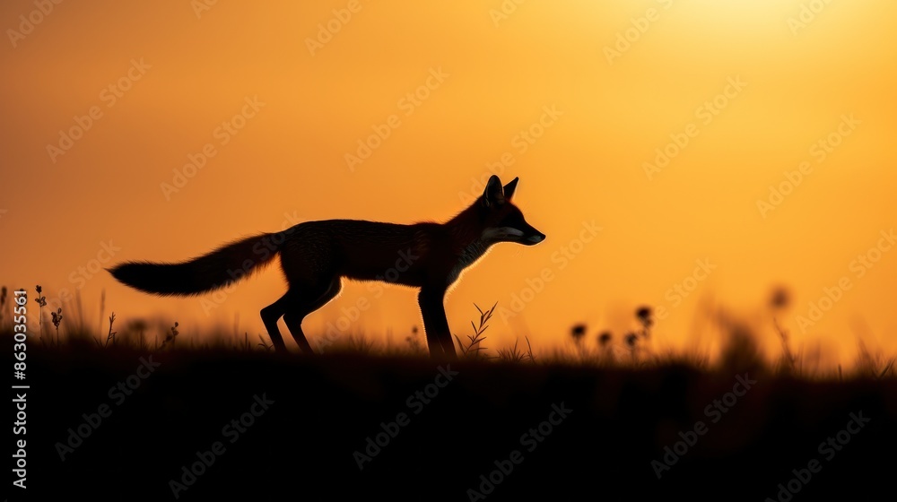 Silhouette of fox on sunset sky. Silhouette of fox on sunset sky.