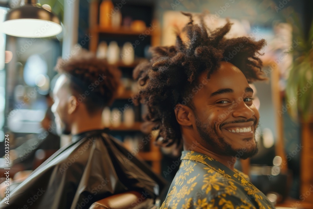 Hairstylist: Happy African American Stylist and Client in Salon with Styling Accessories Hairstylist: Happy African American Stylist and Client in Salon with Styling Accessories