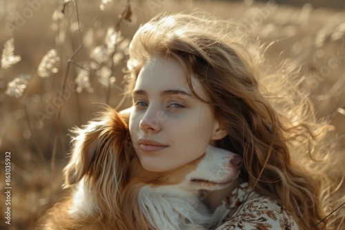 Woman With Dog. Caucasian Woman and Cute Dog Enjoying Friendship Outdoors