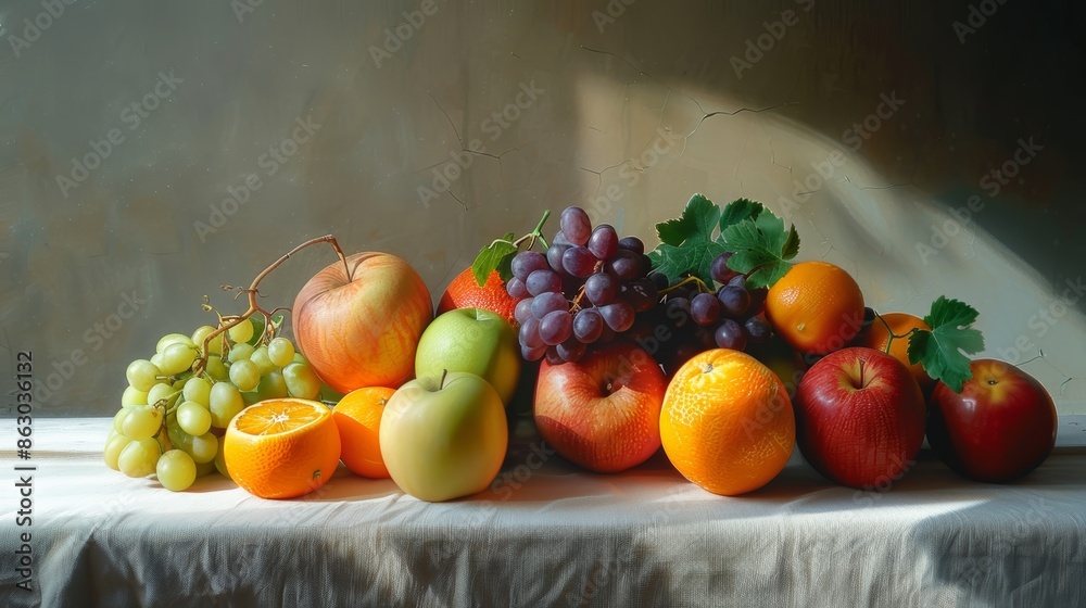 A still life arrangement featuring a variety of colorful fruits, such as apples, oranges, and grapes. A still life arrangement featuring a variety of colorful fruits, such as apples, oranges, and grapes.