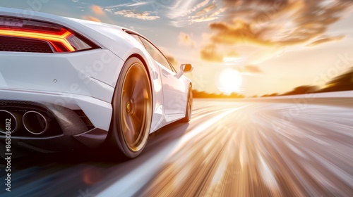 Ultra high-definition image of a luxury sports car speeding on a scenic highway, close-up details of the car's sleek design captured with a wide-angle lens, background in motion blur