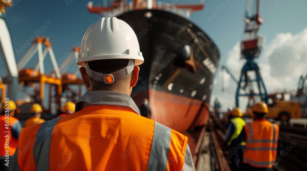 Upper body shot of shipyard workers in hard hats and safety vests, servicing vessels, surrounded by large ships and heavy machinery, back view, bustling shipyard operations Upper body shot of shipyard workers in hard hats and safety vests, servicing vessels, surrounded by large ships and heavy machinery, back view, bustling shipyard operations