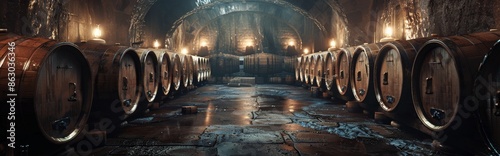 Rows of Wooden Wine Barrels in a Dimly Lit Cellar
