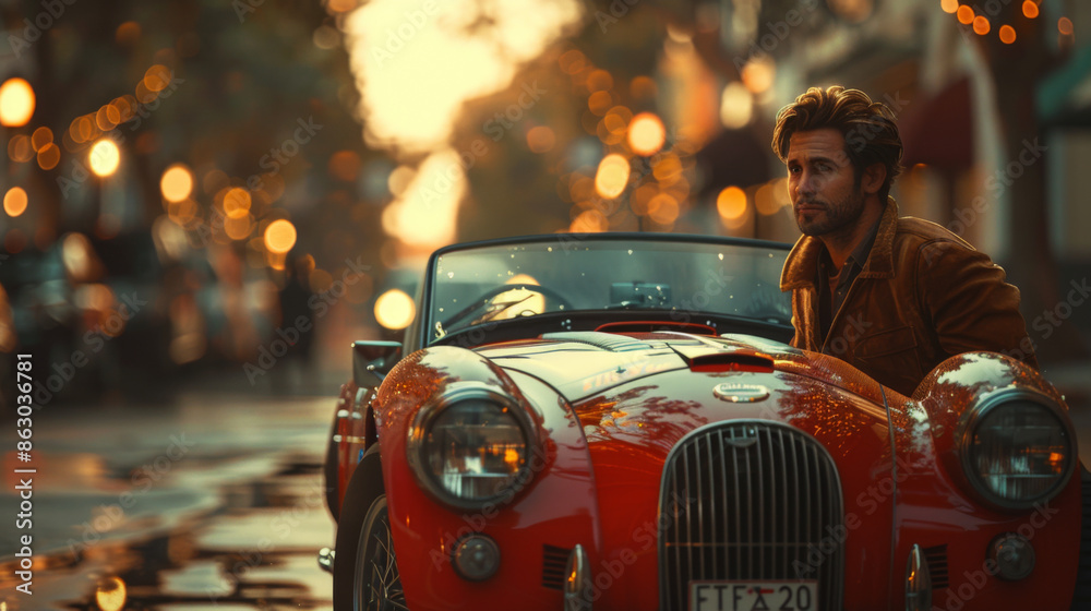 Naklejka premium Vintage car and cool guy, looking away
