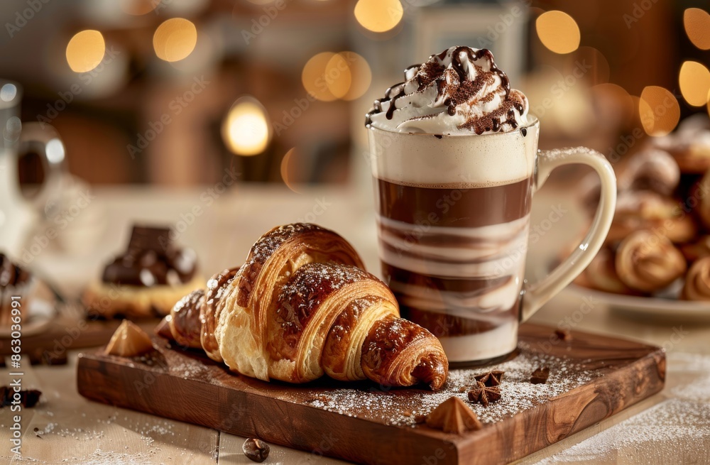 Holiday Croissant with Hot Chocolate Sprinkled with Powdered Sugar Festive Lights Background Cozy Scene Food Photography Holiday Croissant with Hot Chocolate Sprinkled with Powdered Sugar Festive Lights Background Cozy Scene Food Photography