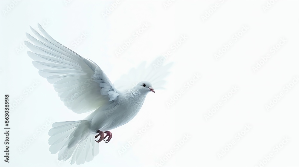 Fototapeta premium Beautiful white dove in mid-flight against a light background. Elegant bird flapping its wings. Perfect for peace-themed projects or nature wallpapers. Soft, serene, and simple composition. AI