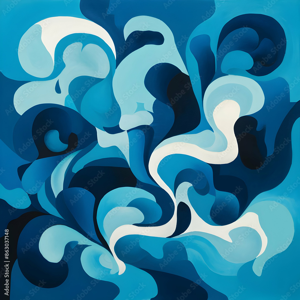 Fototapeta premium A painting of blue and white swirls on a blue background