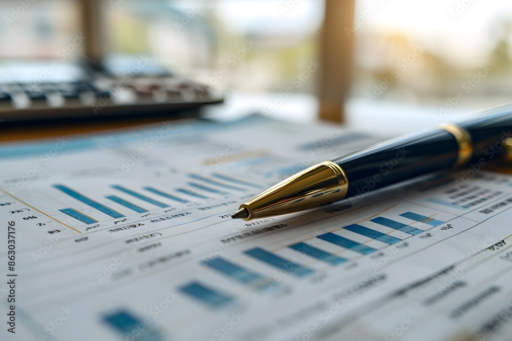 Financial Analysis with Bar Graphs and Pen on Desk Financial Analysis with Bar Graphs and Pen on Desk