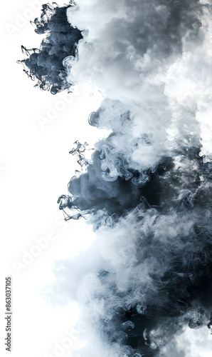  A black ink cloud on white background, smoke-like form, floating in the air, creating an abstract and mysterious atmosphere. The cloud is dark gray with subtle shades of grey, giving it depth and tex