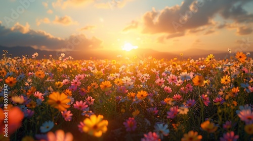 A vibrant image of a field of wildflowers in full bloom, creating a tapestry of colors under the bright sunlight.