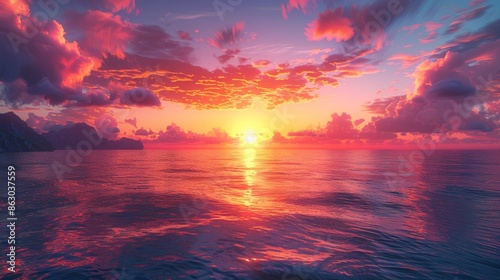 A vibrant image of a sunset over a tranquil ocean, with the sky ablaze with hues of orange, pink, and purple.