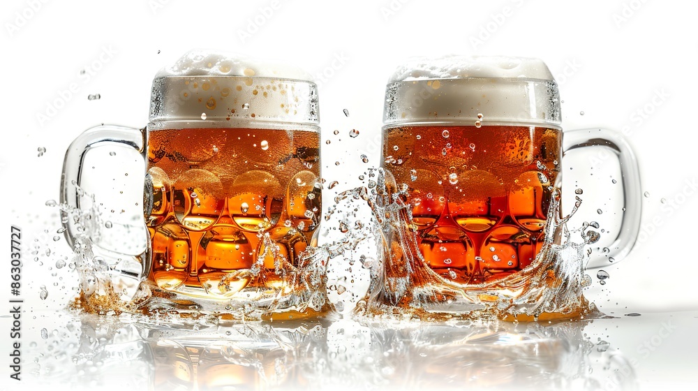 Splashing Beer Mugs with Foam and Bubbles Splashing Beer Mugs with Foam and Bubbles