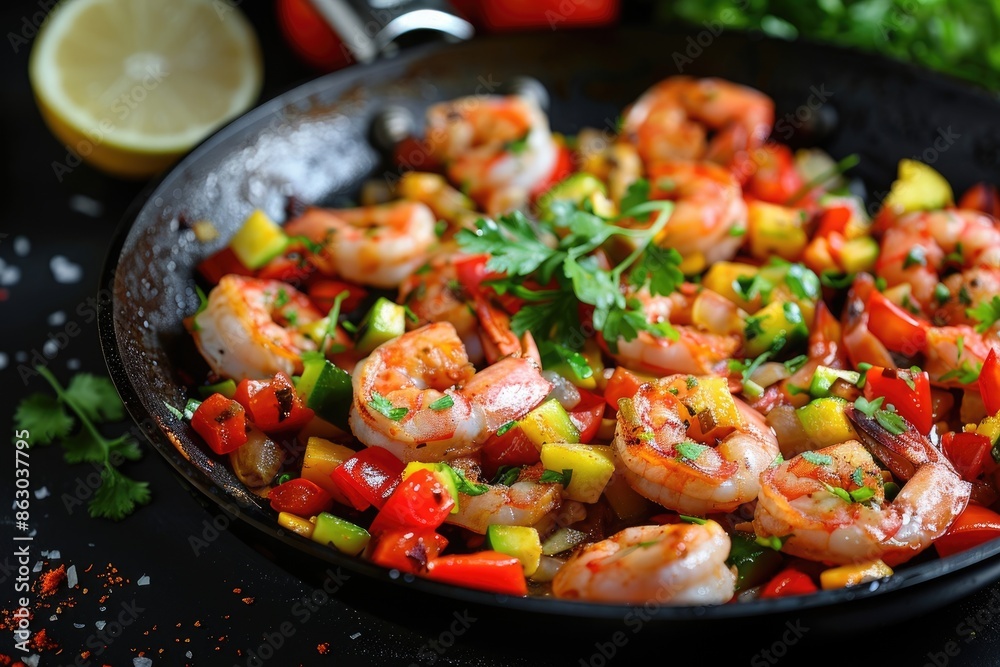 Seafood and vegetable dishes on black background for restaurant menu Seafood and vegetable dishes on black background for restaurant menu