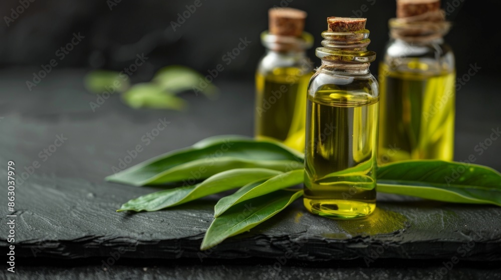 Plantain oil bottles with plantain leaves homeopathic and herbal remedy, with copy space Plantain oil bottles with plantain leaves homeopathic and herbal remedy, with copy space