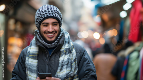 Jovem árabe sorrindo confiante usando smartphone na rua photo