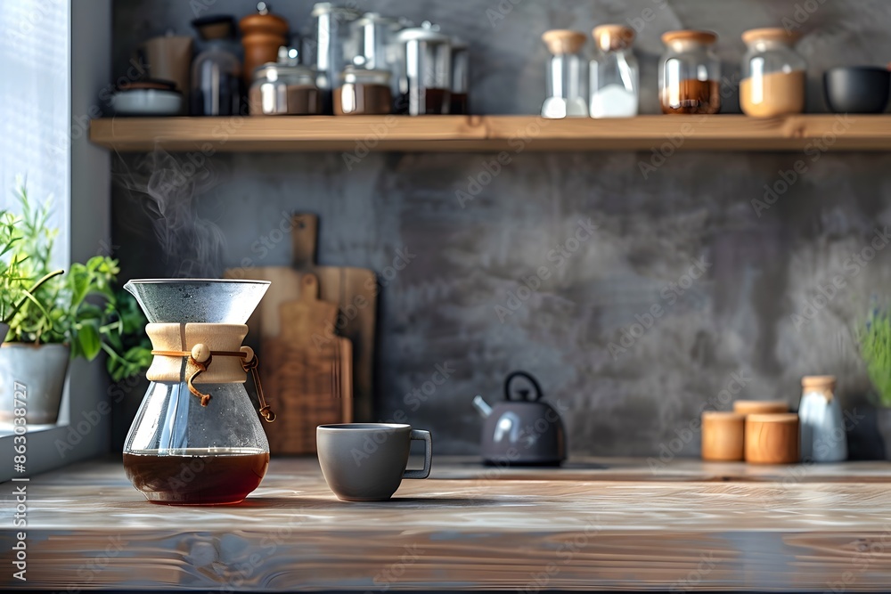 Cozy Kitchen with Freshly Brewed Coffee in a Chemex Cozy Kitchen with Freshly Brewed Coffee in a Chemex