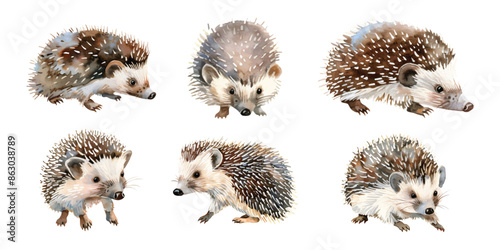Collection set of watercolor whimsical playful cute expressive hedgehog design resources elements isolated on white background