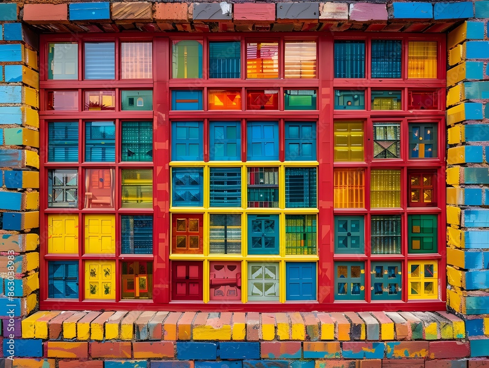 Obraz premium Vibrant Mosaic Window with Colorful Brick Frame