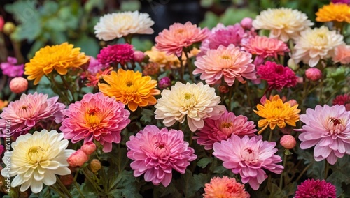 Various species and colorful chrysanthemum flowers blooming in the garden. 