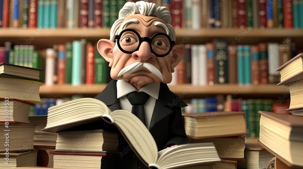 3d Cartoon judge surrounded by law books in a library on isolate 3d Cartoon judge surrounded by law books in a library on isolate