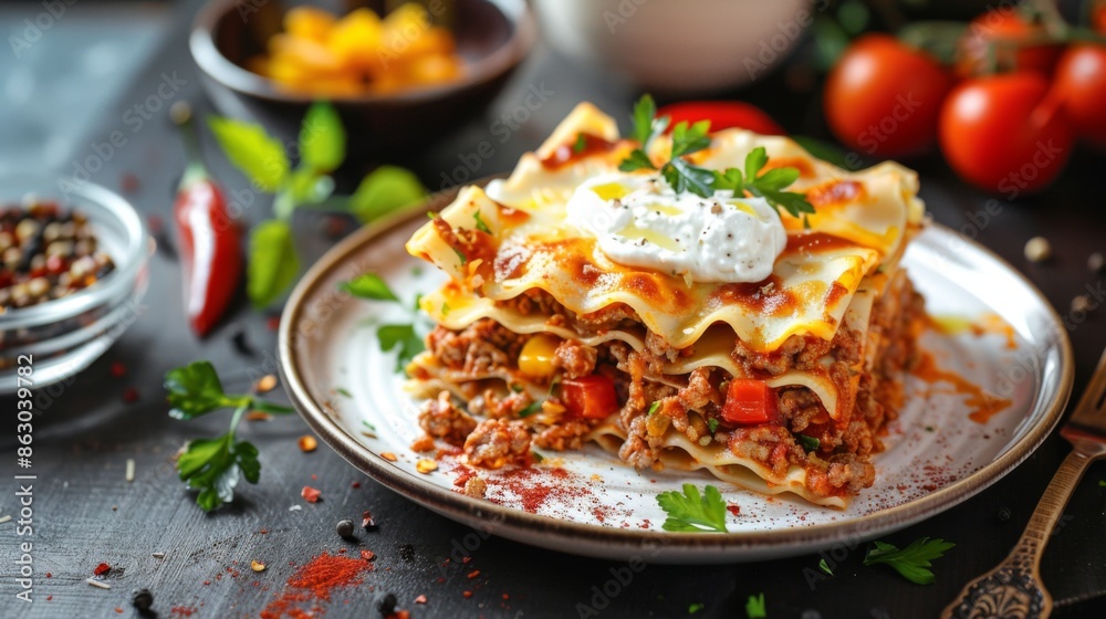plate of lasagna with minced beef, tomato sauce and vegetable plate of lasagna with minced beef, tomato sauce and vegetable