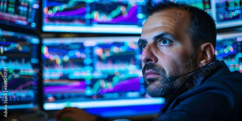 Stock traders monitor multiple screens for realtime economic news and market trends. Concept Stock Trading, Market Trends, Real-time News, Economic Updates, Multiple Screens