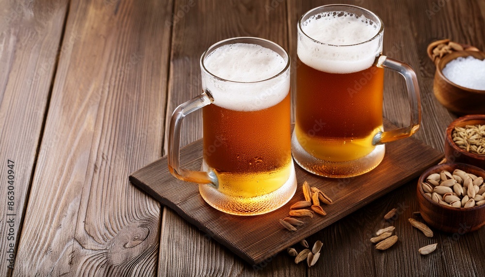 Glasses with cold beer on wooden table. View from above.
Glasses with cold beer on wooden table. View from above.