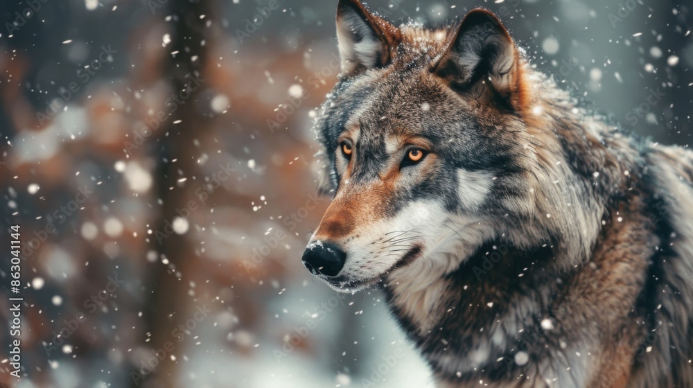 portrait of an intense redeyed canis lupus wolf in the snowy wilderness, displaying its powerful and enigmatic gaze