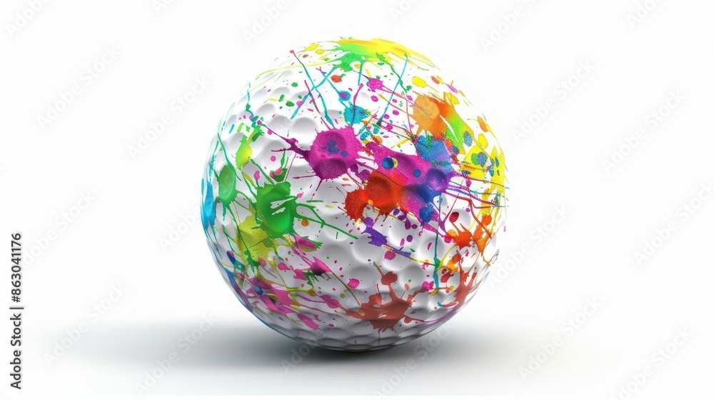 Golf ball featuring bright and bold paint splashes in multiple colors, white background, photorealistic, striking contrast Golf ball featuring bright and bold paint splashes in multiple colors, white background, photorealistic, striking contrast