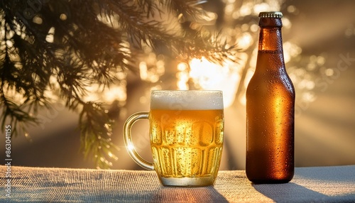 Bottle and glass with beer on the wooden table with sunlight flare. Background with trees.
