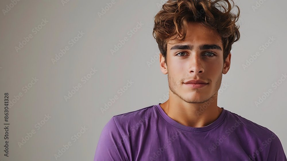 Fototapeta premium A male model with a confident pose, wearing a plain purple t-shirt, standing against a plain white background. The image has high clarity and sharp focus, with clear, even lighting that enhances the