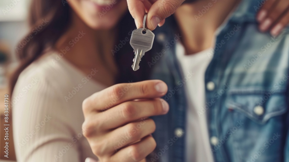 Fototapeta premium couple embrace smile and happy owners holding keys