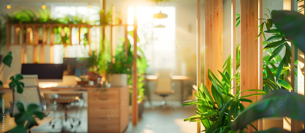 Tranquil Workspace with Wood Plant Dividers Tranquil Workspace with Wood Plant Dividers