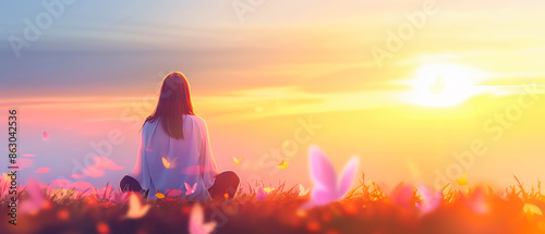Woman meditating in a field with butterflies and sunset. A peaceful scene capturing nature, relaxation, and serenity.