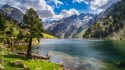 Beautiful Lake Landscape at Estanys de Pessons in Spring Andorra : Generative AI photo