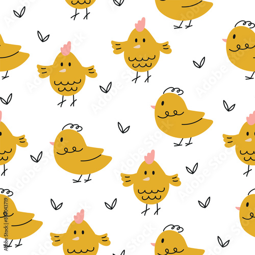 Seamless pattern with cute yellow little chicks
