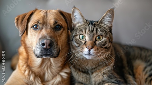 dog and cat sitting together, both looking at the camera with calm and friendly faces. ai generated © Andrei