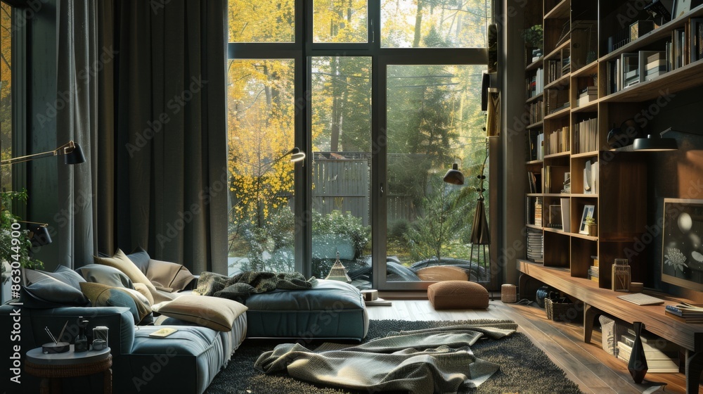 Stylish home studio interior with lounge zone, sleep and workspace near window Stylish home studio interior with lounge zone, sleep and workspace near window