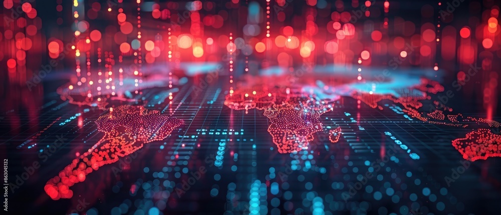 Futuristic digital world map with red and blue cyber data, highlighting ...