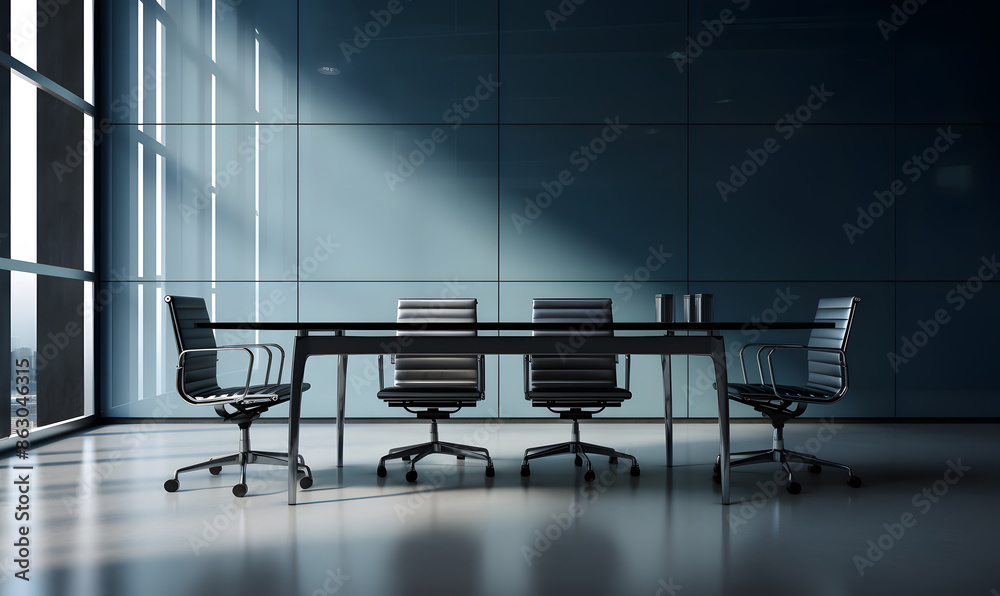 Front view of empty modern conference room with office table and chairs with dark wall in minimalist style. Front view of empty modern conference room with office table and chairs with dark wall in minimalist style.